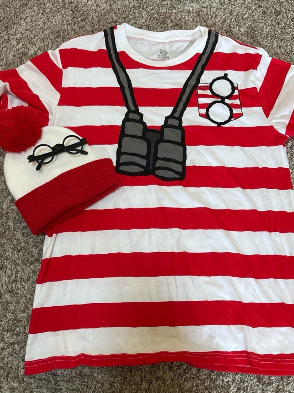 Adult Red & White Striped 'Where's Waldo' Costume Tee with Beanie & Glasses